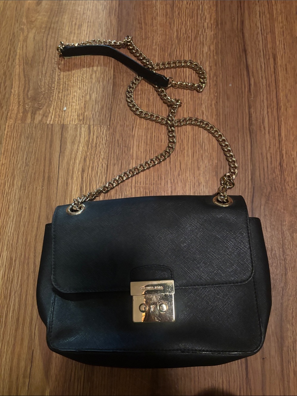 Michael Kors Black Leather Crossbody with Gold Chain